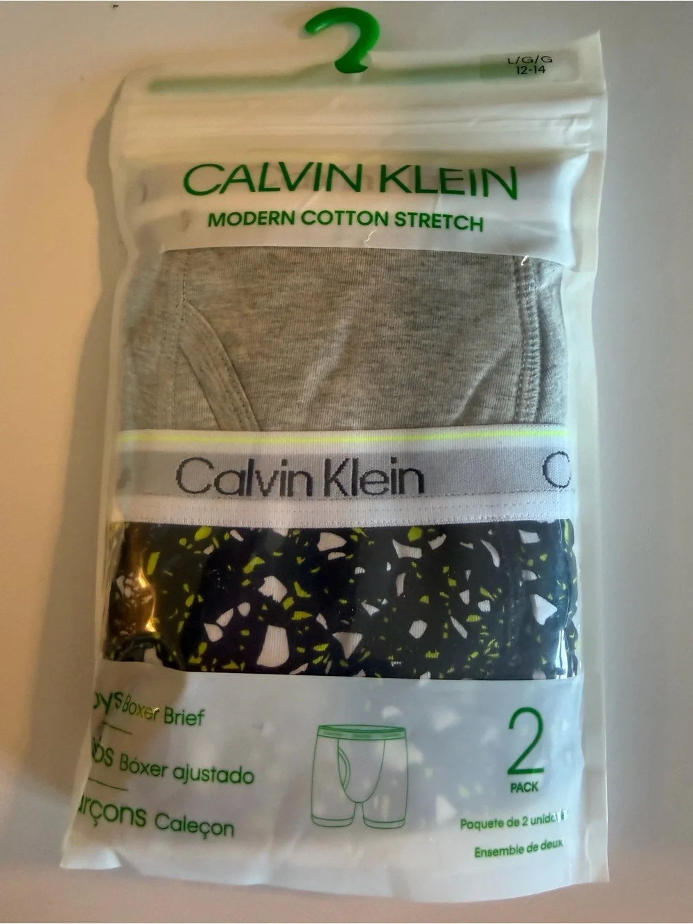 Calvin Klein Kids 2-Pack Briefs in Gray and Black with Lime Accent